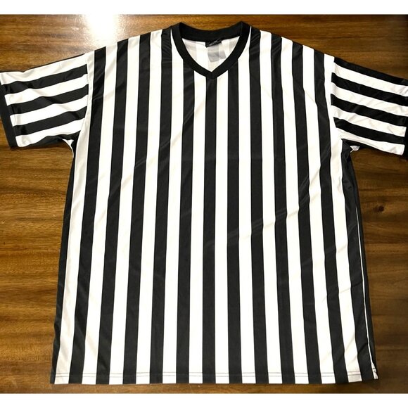 Striped Referee Shirt Black & White V-Neck Short Sleeve 2XL Polyester Athletic W - Picture 1 of 5